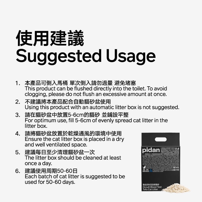Cat litter packaging with usage instructions and brand name 'pidan' on a white background