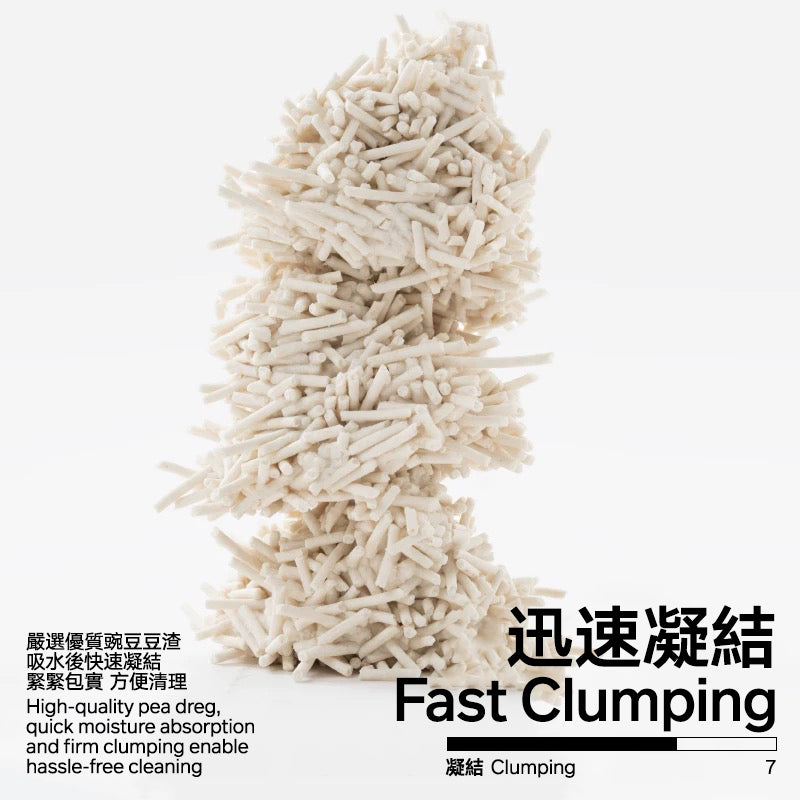 Clumped litter with text highlighting fast clumping on a white background